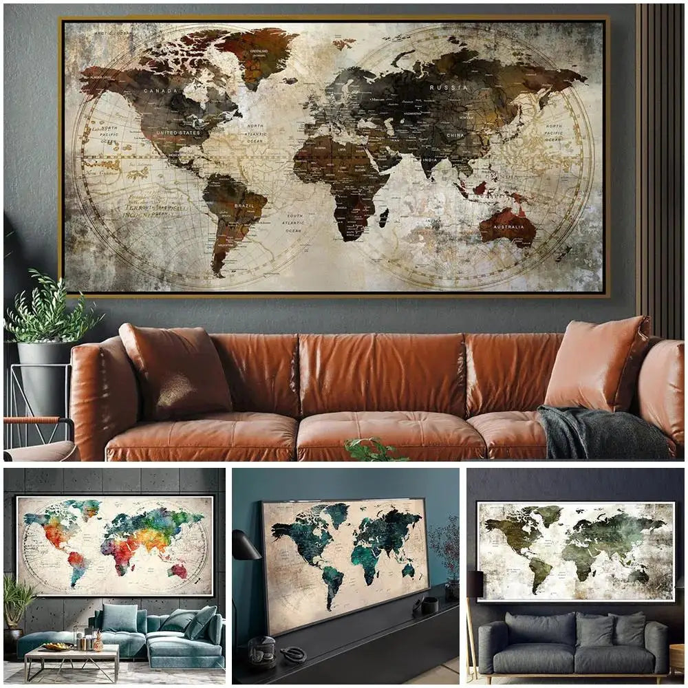 Arte en lienzo de mapa mundial moderno Póster decorativo para paredes de sala y dormitorio