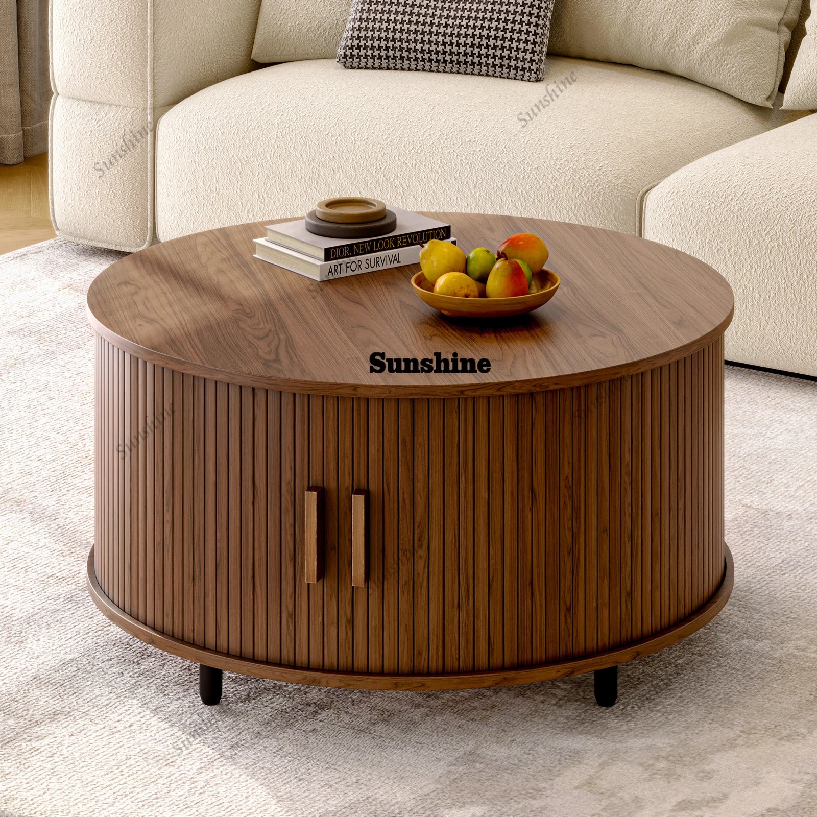 Round Coffee Table with Storage,31.5" Modern Coffee Table with 360° Curved Sliding Door,Fluted Wood Accent Coffee Tablee