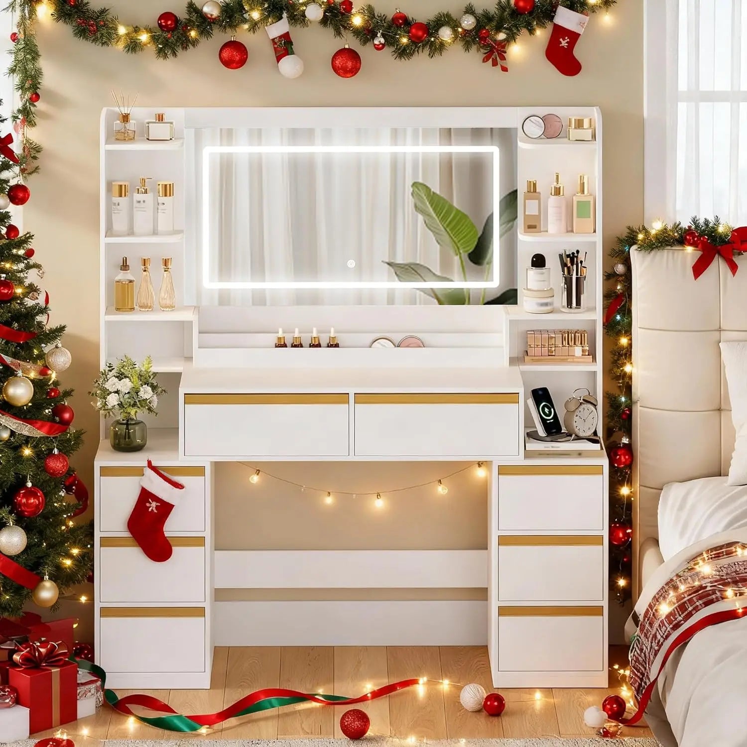 Tocador de 135 cm con espejo LED, tomas de corriente, 8 cajones, estantes abiertos, color blanco y dorado, personalizado.