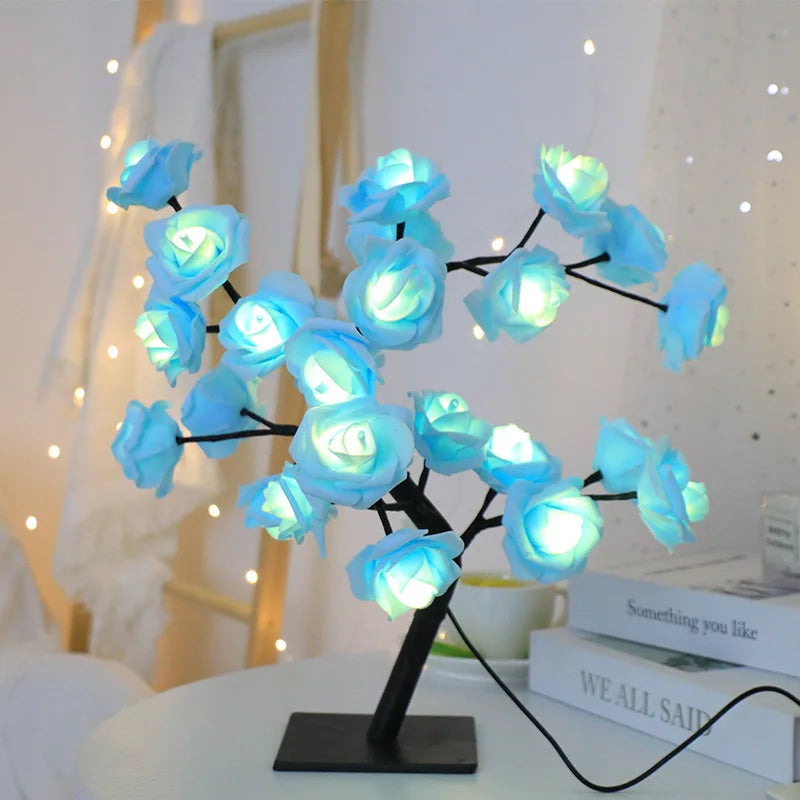 Lámpara de mesa con 24 luces LED de rosas rojas en forma de árbol, luz nocturna de hadas con forma de flor para decoración del hogar, fiestas, Navidad, bodas y dormitorios. Regalo ideal.