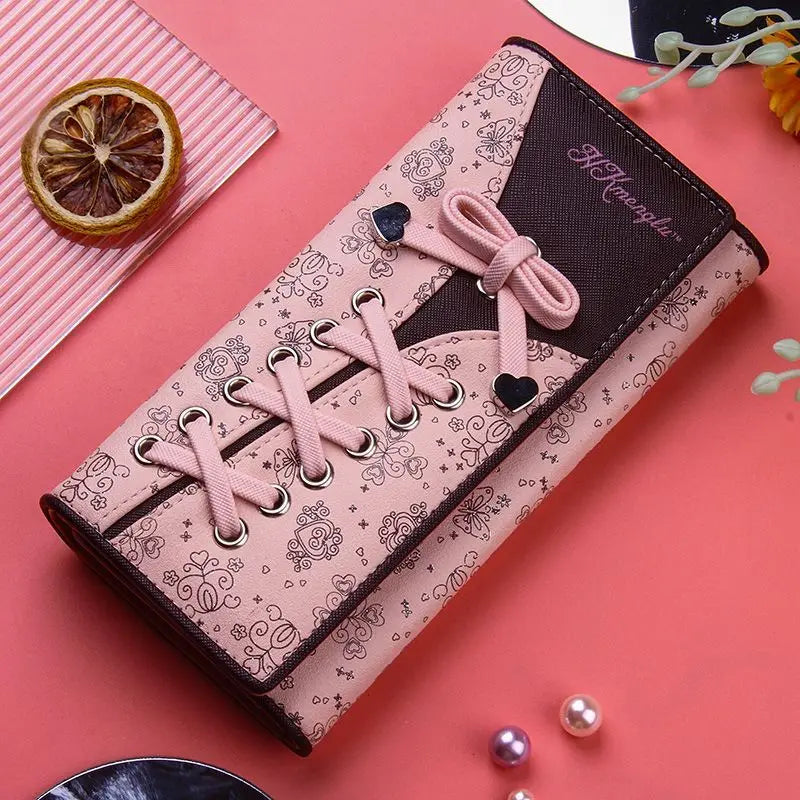 Cartera japonesa lolita para mujer, estilo casual, larga, de gran capacidad, con lazo, plegable, con tres compartimentos, linda y dulce, para tarjetas.