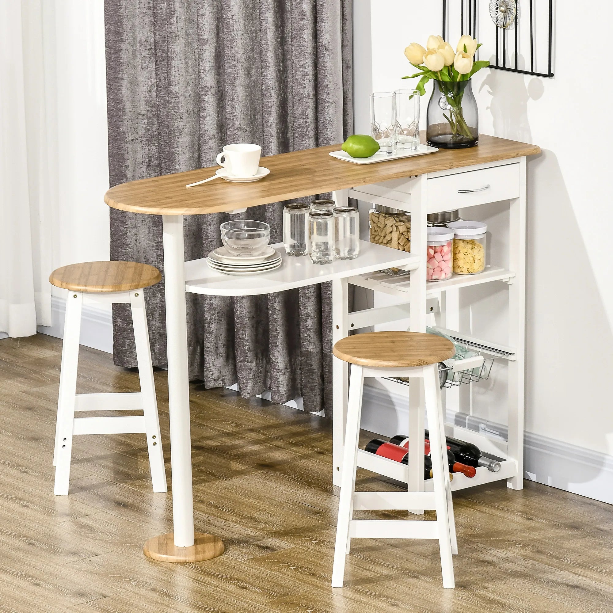 Homcom Bar Table Set with 1 Drawer 2 Shelves Removable Basket and Bottle Rack Furniture Set with 119X38.5X88.5 cm High Table and 2 Stools 29X29X55 cm for Dining Room Kitchen White
