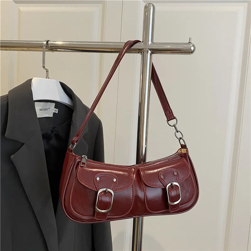 Bolso baguette de piel sintética: bolso de mano con dos bolsillos y bandolera para mujer | Colección otoño/invierno 2025, color liso, estilo vintage Y2K