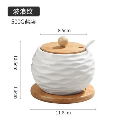 Utensilios de cocina: salero, azucarero con cuchara, tarro de cerámica blanca para condimentos, aceitera, caja para condimentos, herramienta de almacenamiento de cocina.