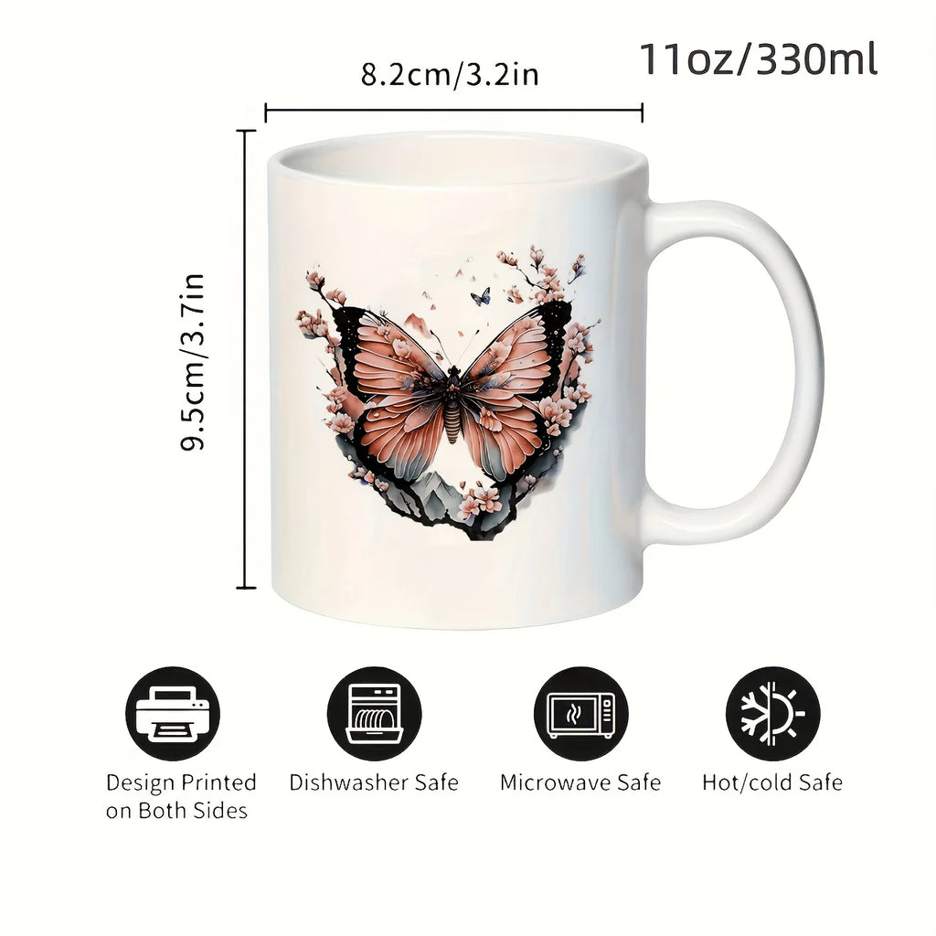 Taza de cerámica con diseño floral de mariposas: elegante taza de café blanca con diseño de mariposas rosas y flores de cerezo, apta para microondas y reutilizable.