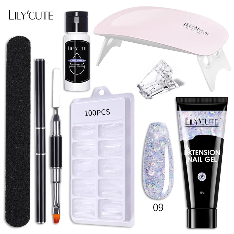 Kit de gel para extensión de uñas LILYCUTE de 15 ml, gel UV, acrílico, blanco, transparente, rosa, esmalte de uñas, lámpara LED, set de manicura para decoración de uñas.