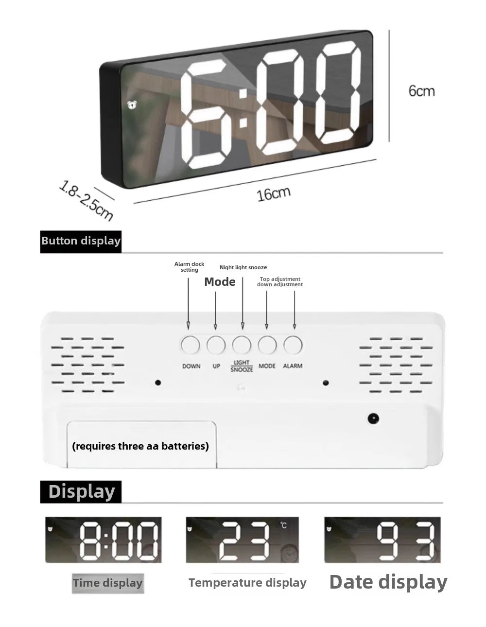 Reloj despertador moderno minimalista con control por voz, multifuncional y portátil con pantalla LED y superficie de espejo en blanco y negro.