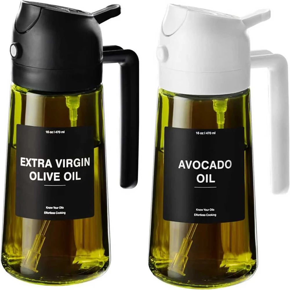 Pulverizador de aceite de 470 ml para cocinar, dispensador de aceite de oliva y botella pulverizadora 2 en 1, pulverizador de aceite con pegatinas, botella pulverizadora de vidrio grueso