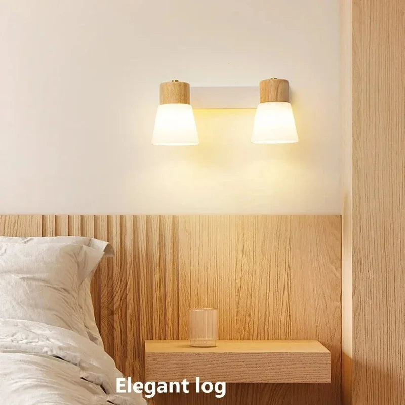 Lámpara de pared minimalista de madera para dormitorio, lámpara de noche de cristal con doble cabezal, luminarias creativas para pasillos.