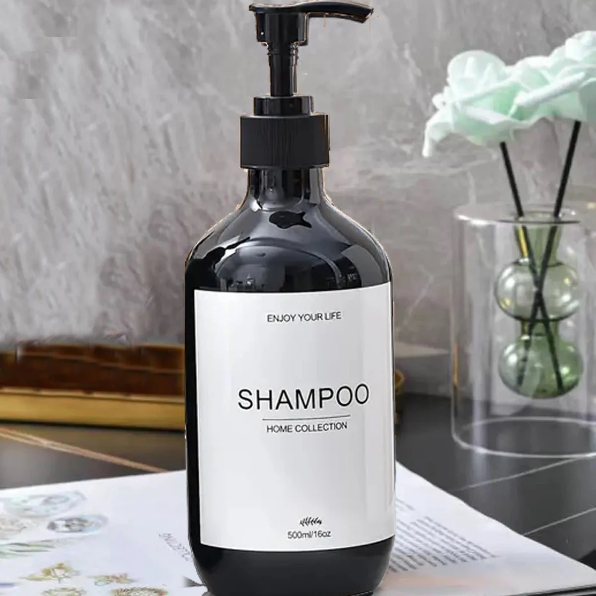 Juego de dispensadores de champú para baño de 500 ml, botellas de acondicionador y gel de ducha recargables, dispensador con decoración rústica, botellas de almacenamiento.