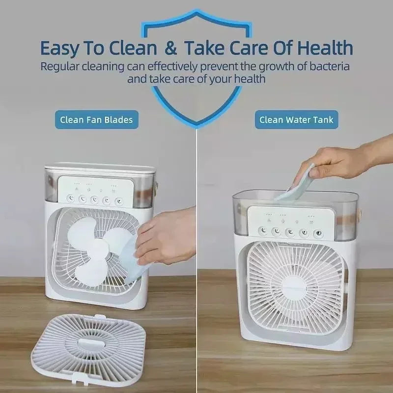 Ventilador 3 en 1, aire acondicionado doméstico pequeño, enfriador de aire, luz nocturna LED, humidificador portátil, ventilador con ajuste de aire, ventilador para oficina y hogar.