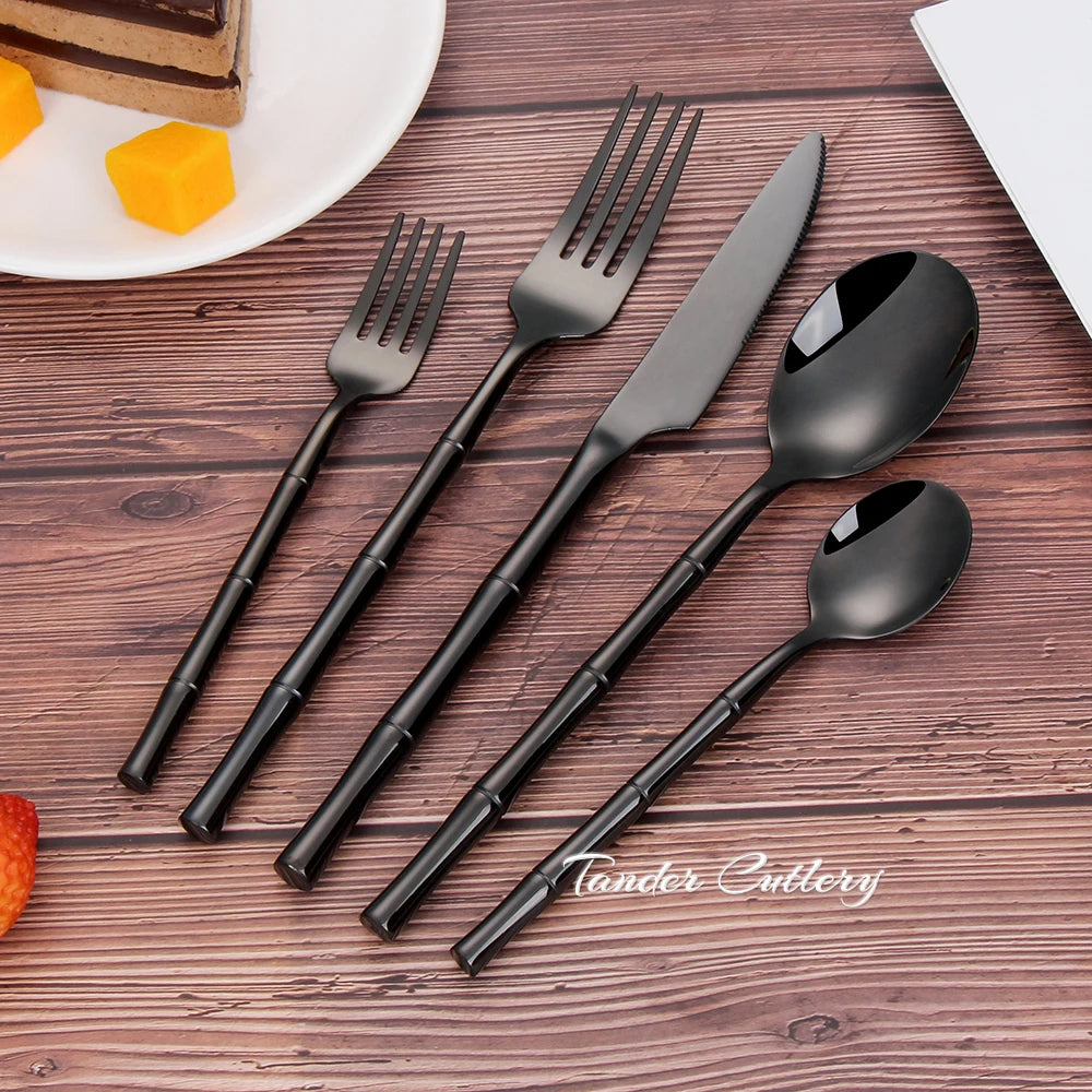 Juego de cubiertos dorados de acero inoxidable 304 de 5/10/15/20 piezas, vajilla plateada de estilo occidental, mango con forma de bambú y espejo, utensilios de cocina.