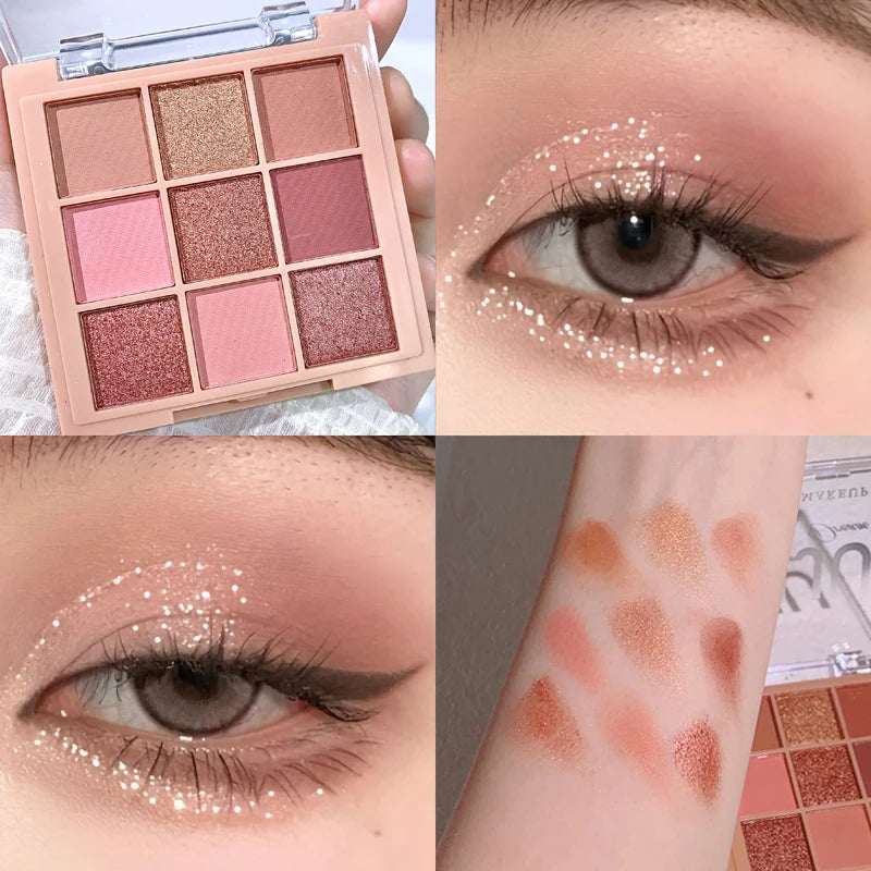 Paleta de sombras de ojos de nueve colores con perlas, brillo sutil, destellos superpuestos, purpurina brillante y colores vibrantes. Nueva.