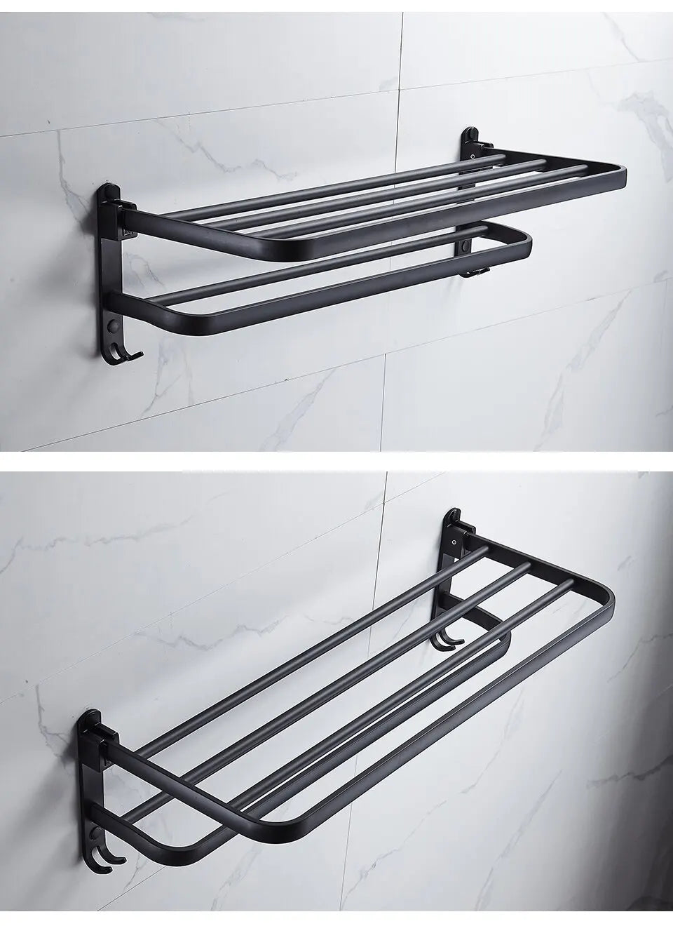 Toallero plegable de aluminio de 50 cm en negro mate con gancho para montaje en pared.