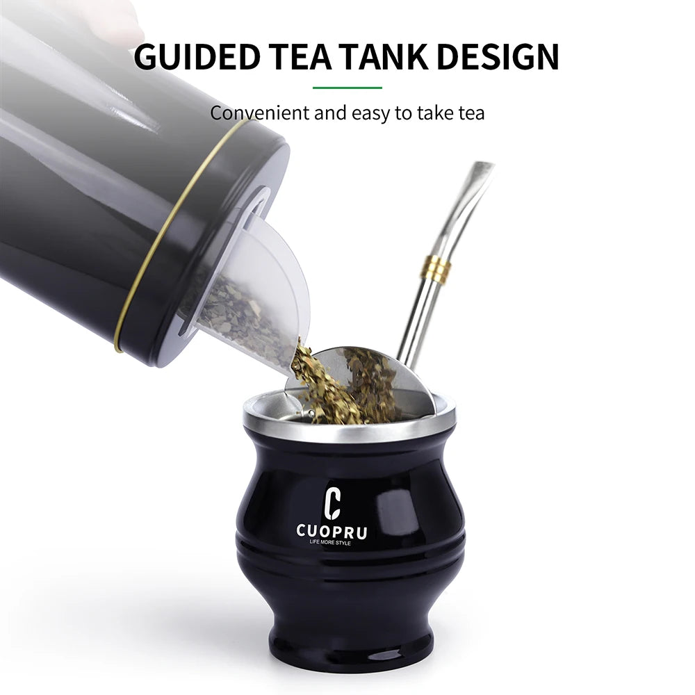 Kit completo de  mate negro: taza moderna de acero inoxidable para mate, termo, recipiente para yerba, juego de moldes para té, bombilla y pajita.