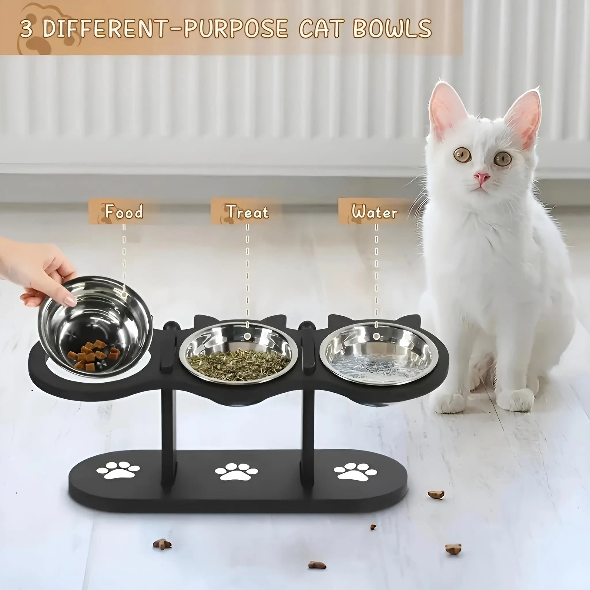 Comedero elevado para gatos con estructura de soporte de madera negra, cuencos de acero inoxidable para gatos, soporte inclinado de 15°, suministros para alimentación y agua.