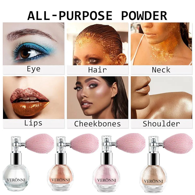Polvos iluminadores corporales con brillo intenso y efecto diamante. Maquillaje en polvo apto para rostro, cuerpo, piel, cabello, ropa y cosméticos.