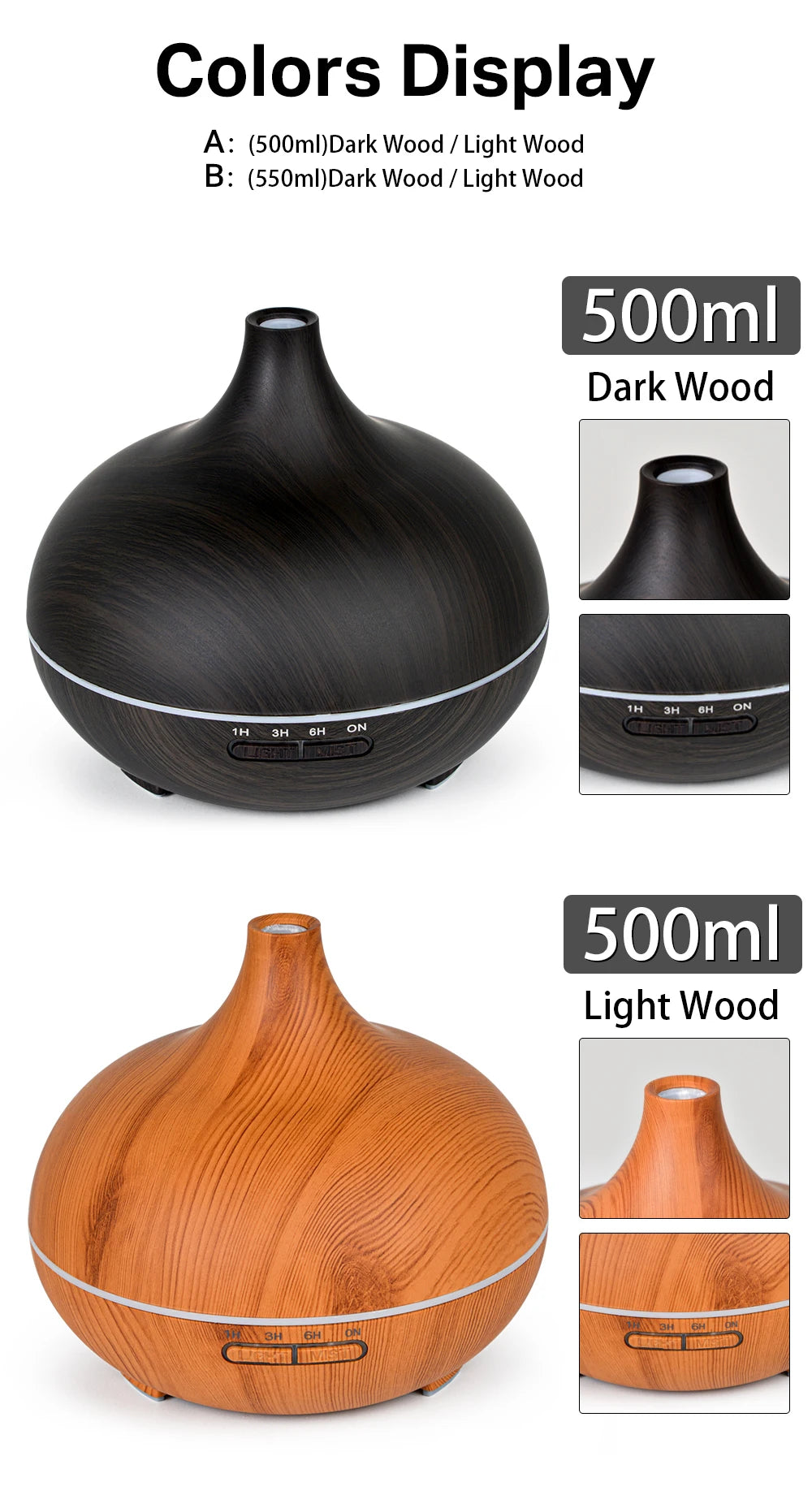 Difusor de aceites esenciales para aromaterapia con acabado de madera, control remoto, humidificador de aire ultrasónico, luz LED de 7 colores.