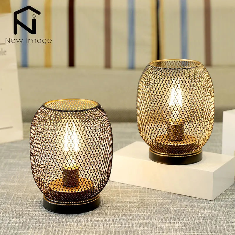 2 lámparas de mesa redondas de metal con forma de jaula, LED, a pilas, inalámbricas, para bodas, fiestas y decoración del hogar. Portavelas.