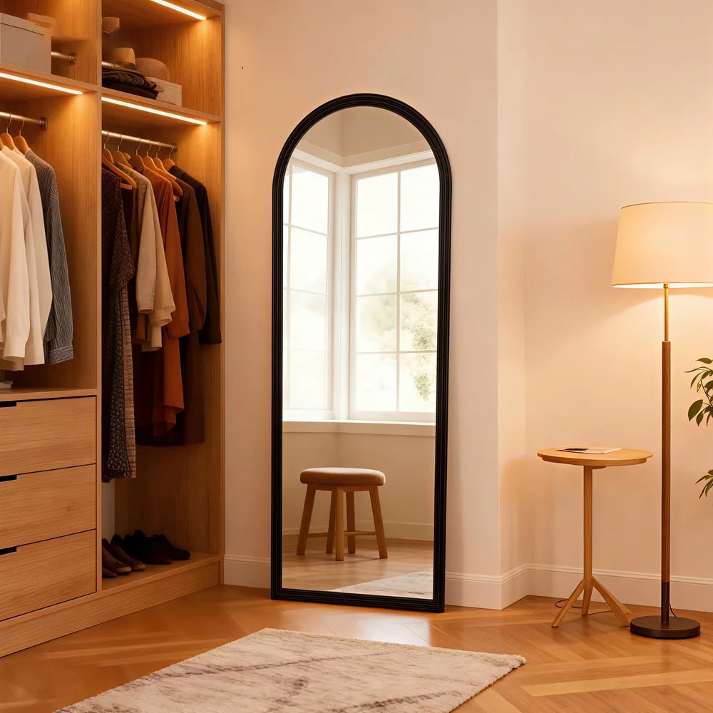 Espejo de cuerpo entero Arc de 160x50 cm con marco de madera maciza para pared o vestidor - Marrón/Negro/Blanco
