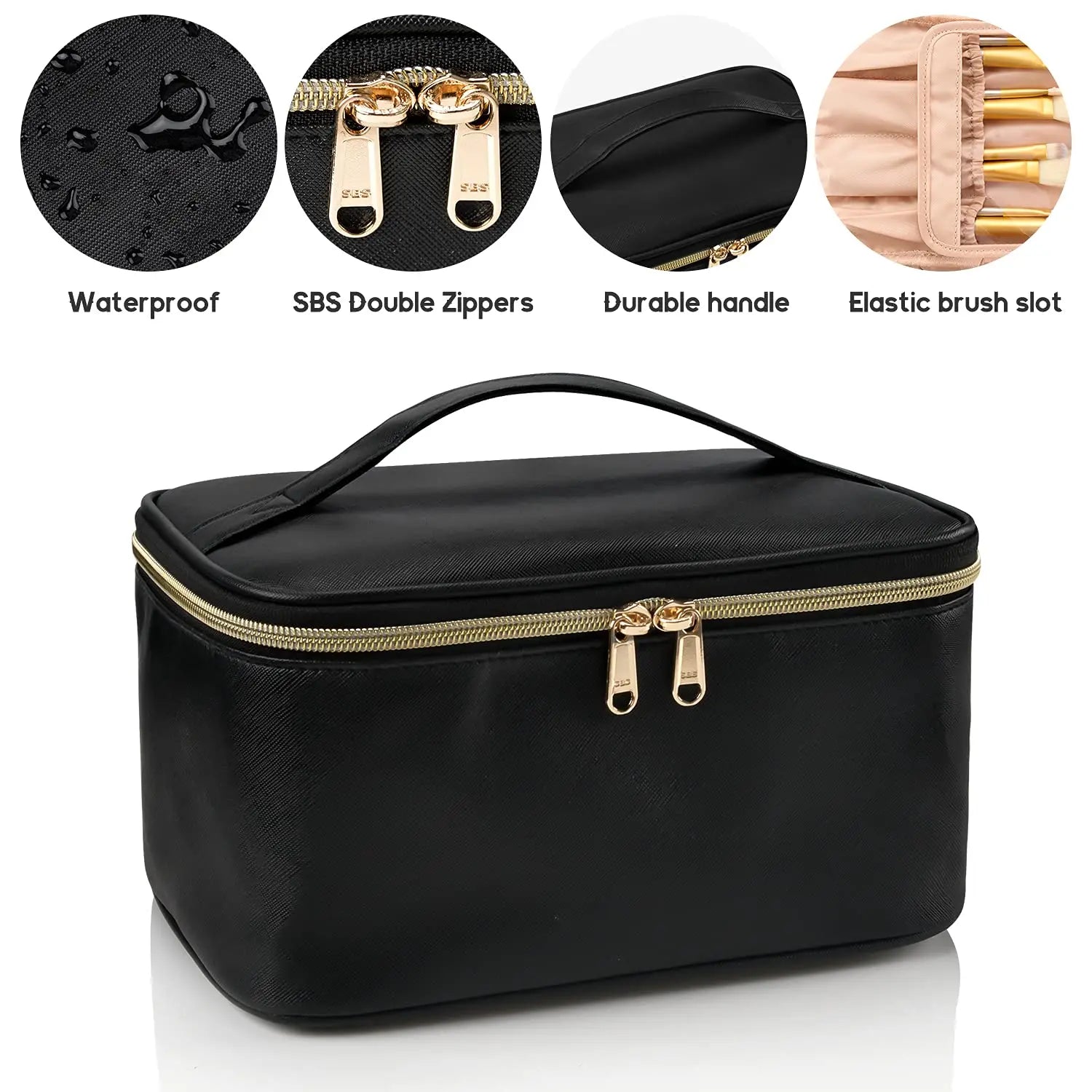 Neceser portátil de gran capacidad para maquillaje de viaje, organizador de maquillaje negro para mujeres, neceser para niñas que viajan.