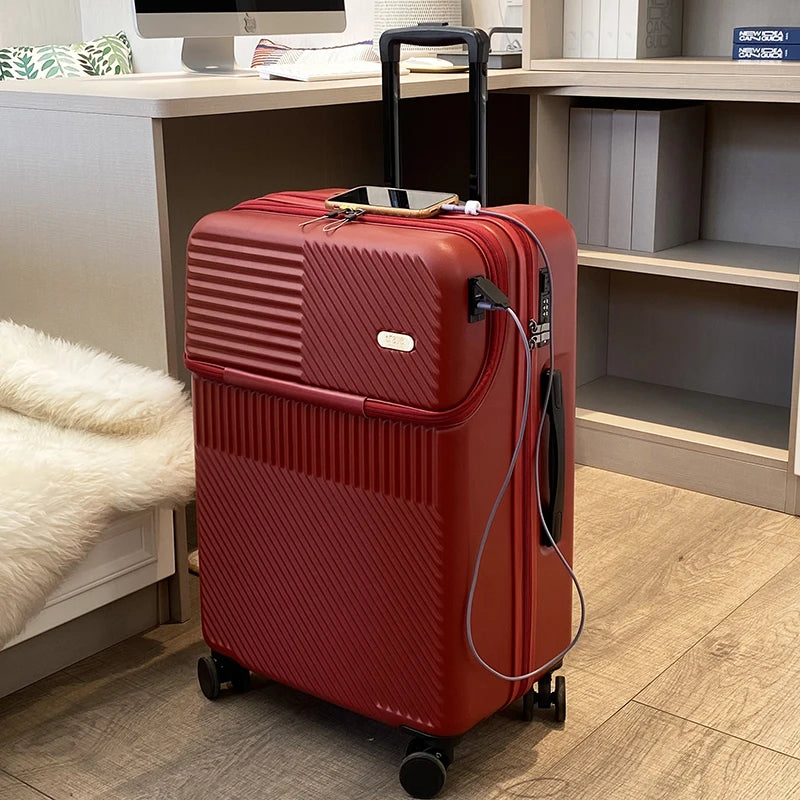 Nueva maleta de embarque con apertura frontal para hombre y mujer, 20/24/26 pulgadas, ligera, con ruedas, ideal para viajes y con carga USB.