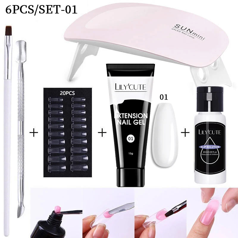 Kit de gel para extensión de uñas LILYCUTE de 15 ml, gel UV, acrílico, blanco, transparente, rosa, esmalte de uñas, lámpara LED, set de manicura para decoración de uñas.