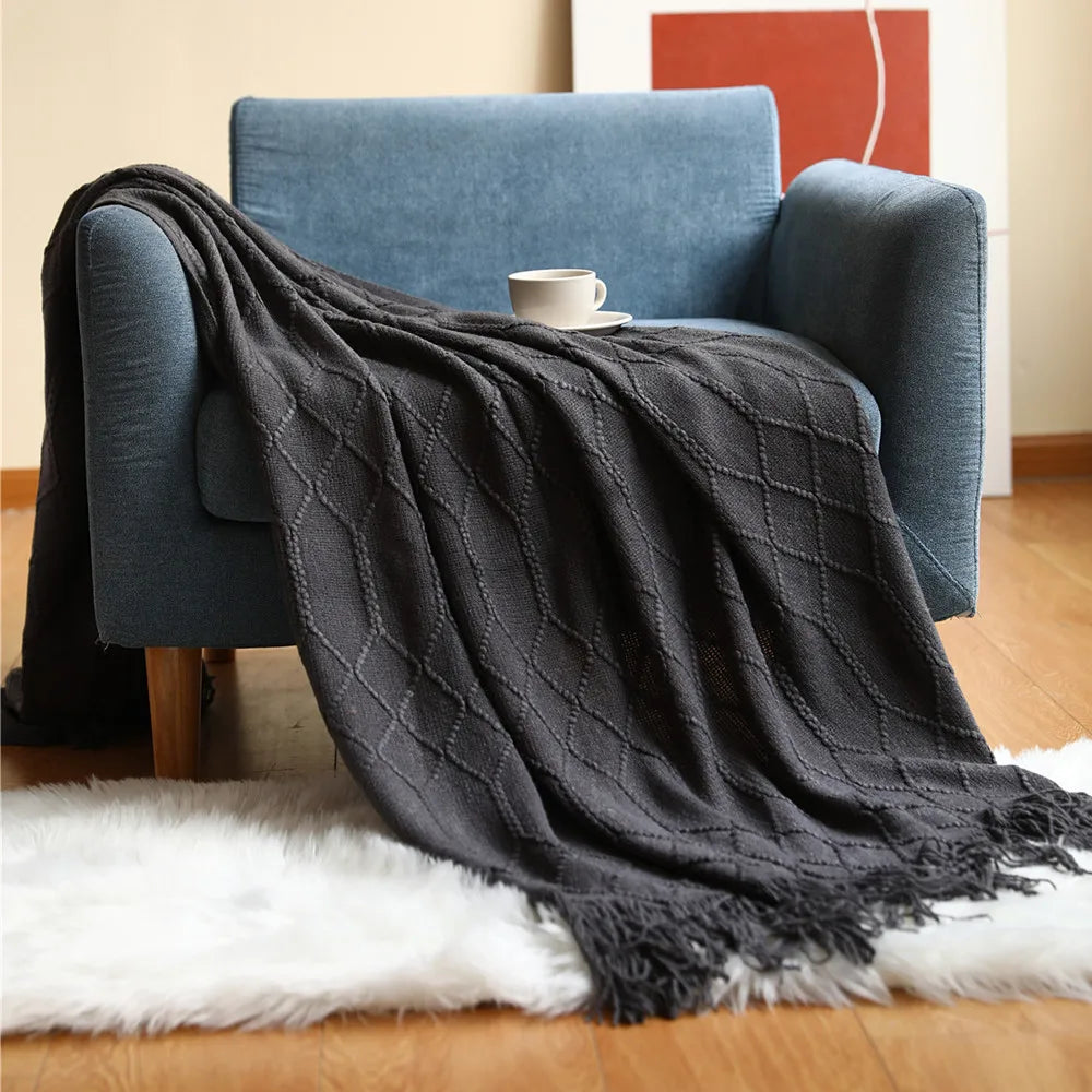 Mantas nórdicas de punto con borlas, color caqui, crema y gris, estilo vintage, ideales para cama, sofá o sillón. Funda de cama extragrande.