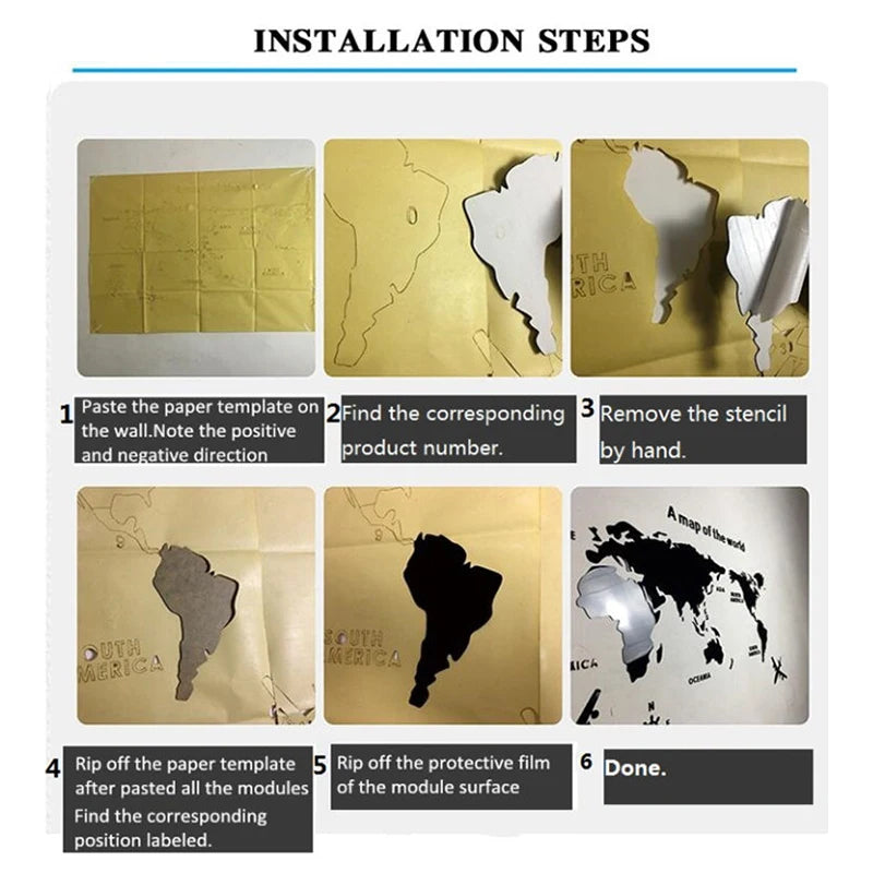 Pegatinas de pared acrílicas 3D con mapa del mundo, pegatinas de espejo tridimensionales, pegatinas decorativas para pared de dormitorio y oficina.