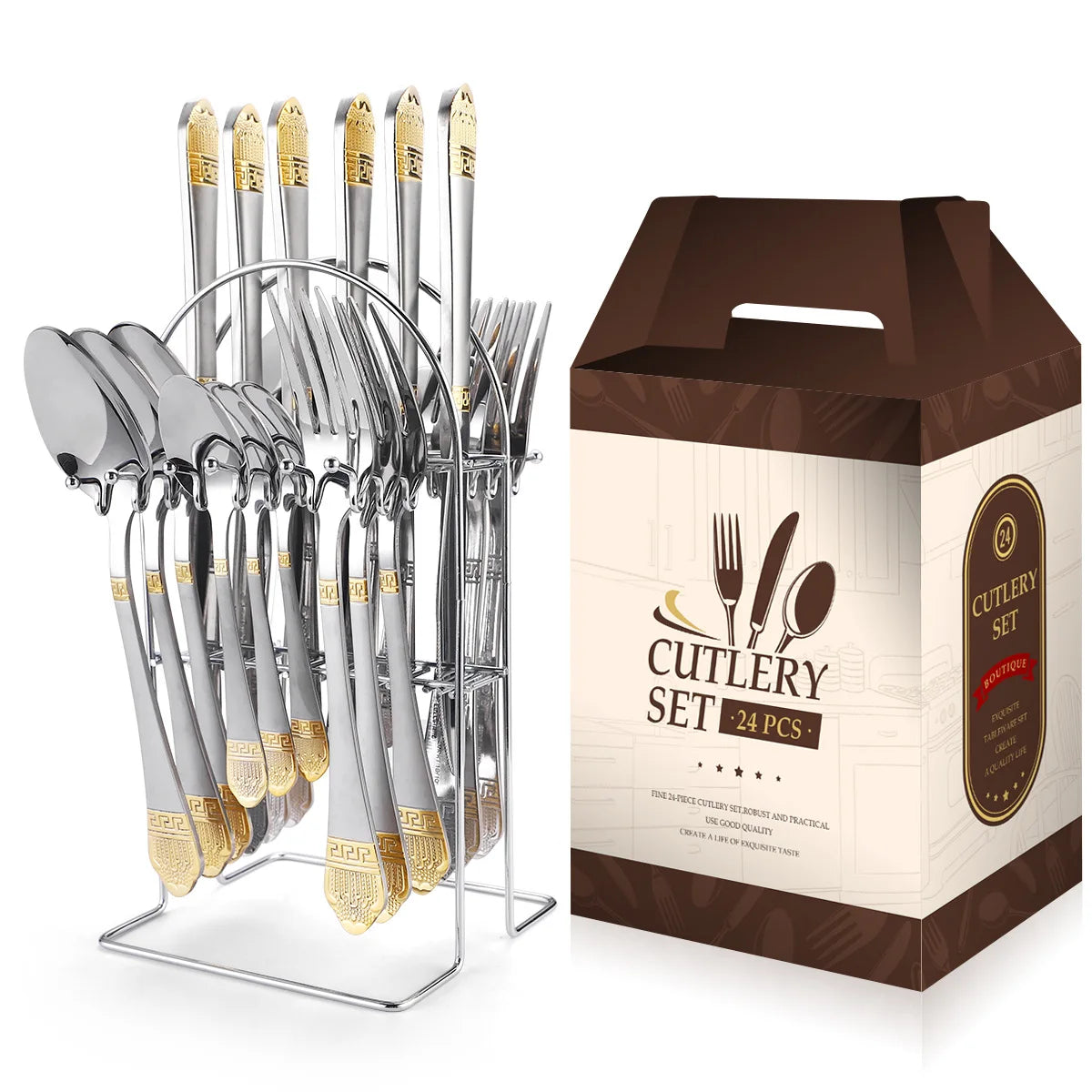 Juego de cubiertos de acero inoxidable de 24 piezas con mango de cerámica y diseño de martillo (cuchillo, tenedor y cuchara). Juego de cubiertos de viaje.
