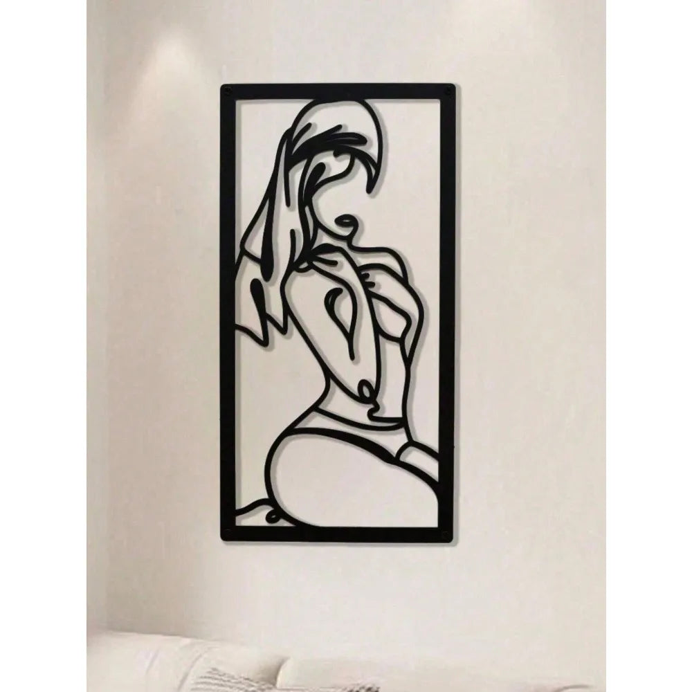 Decoración de pared de metal con arte lineal minimalista de mujer, regalo moderno para el baño de la mujer.