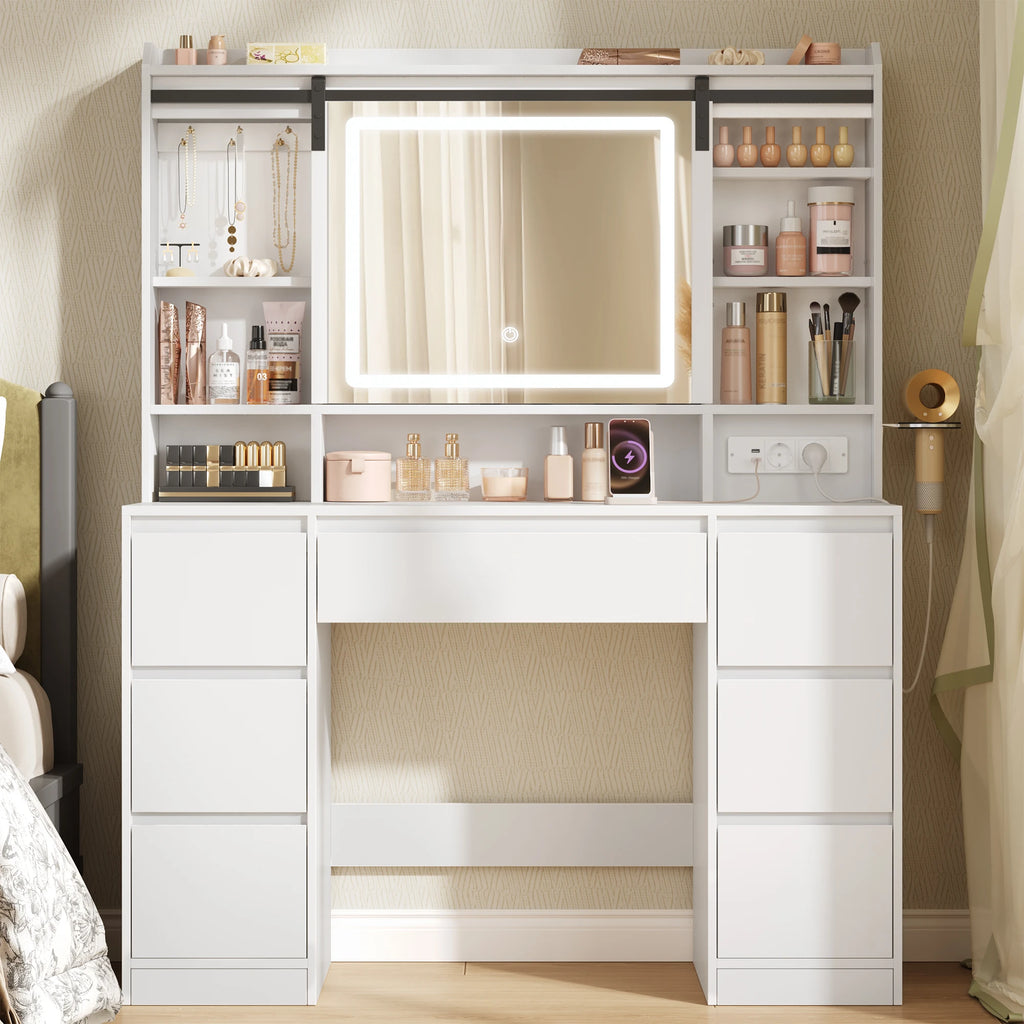 Tocador con espejo extraíble, 7 cajones, estantes abiertos, para dormitorio, 40 × 108 × 148,6 cm, blanco.