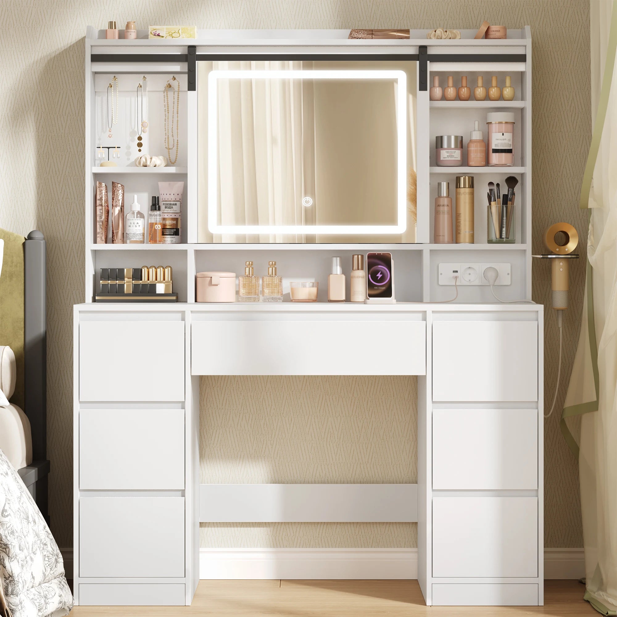 Tocador con espejo extraíble, 7 cajones, estantes abiertos, para dormitorio, 40 × 108 × 148,6 cm, blanco.