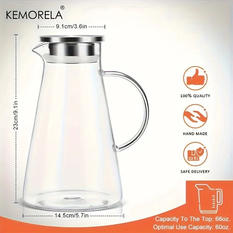 Jarra de agua de vidrio transparente resistente al calor, hervidor de agua frío y tazas, olla con asa, jarra de gran capacidad para oficina y hogar.