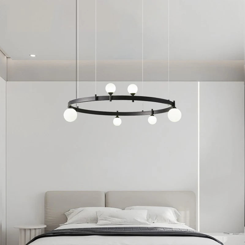Lámpara minimalista nórdica posmoderna creativa negra para decoración de sala de estar, dormitorio, cafetería, lámpara redonda, comedor, candelabro
