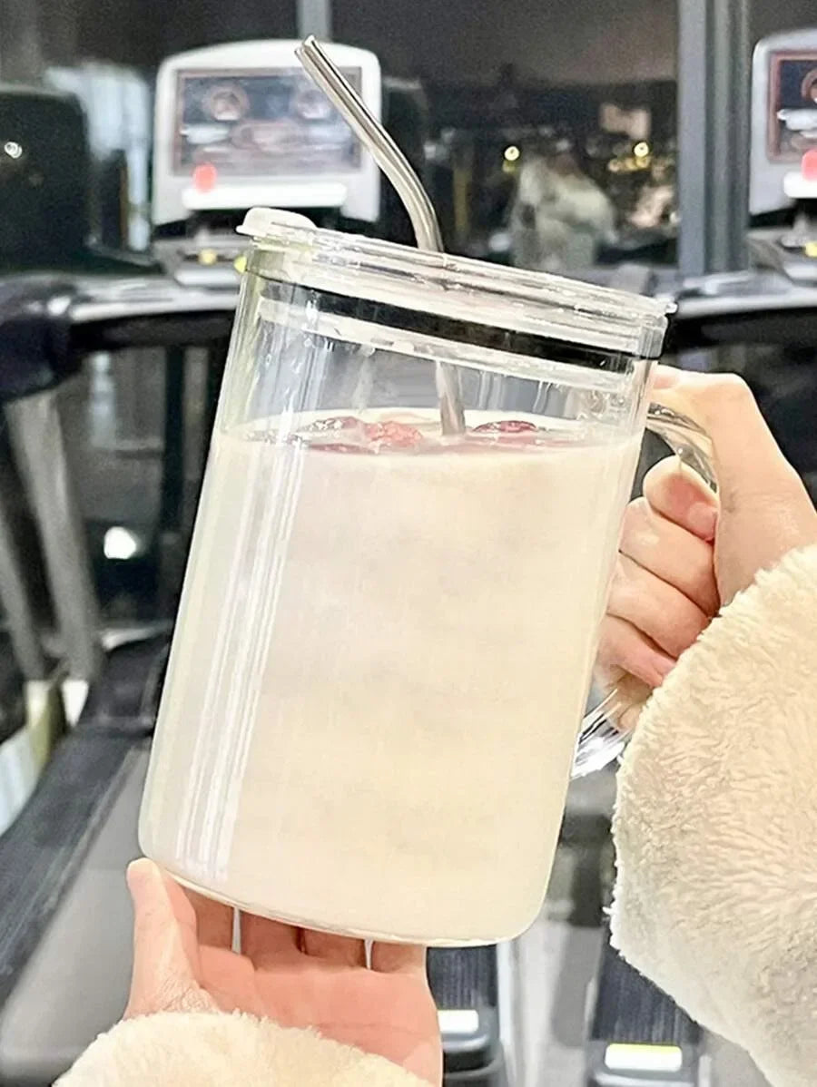 Vaso de vidrio de 1000 ml con tapa y pajita. Taza de café de vidrio transparente. Tazas para jugo, moca, leche y jugo.