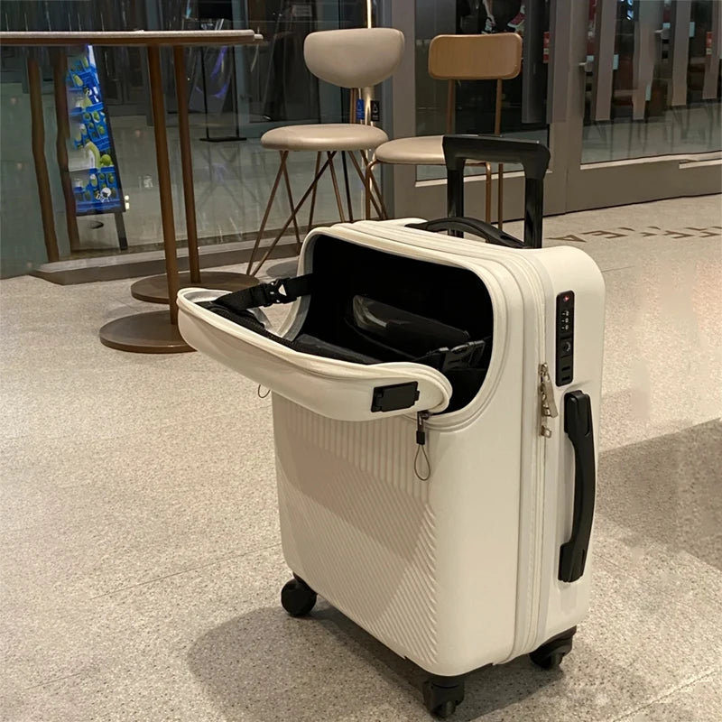 Nueva maleta de embarque con apertura frontal para hombre y mujer, 20/24/26 pulgadas, ligera, con ruedas, ideal para viajes y con carga USB.