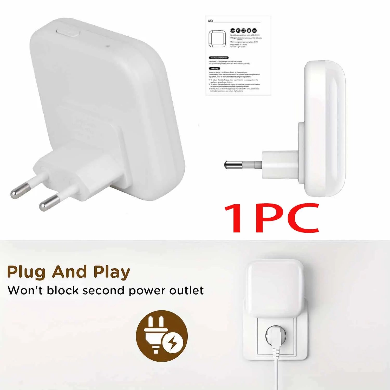 1 o 2 luces nocturnas LED enchufables a la pared, con sensor de luz crepuscular, 0,5 W, luz nocturna cuadrada enchufable, 2700 K, luz cálida.