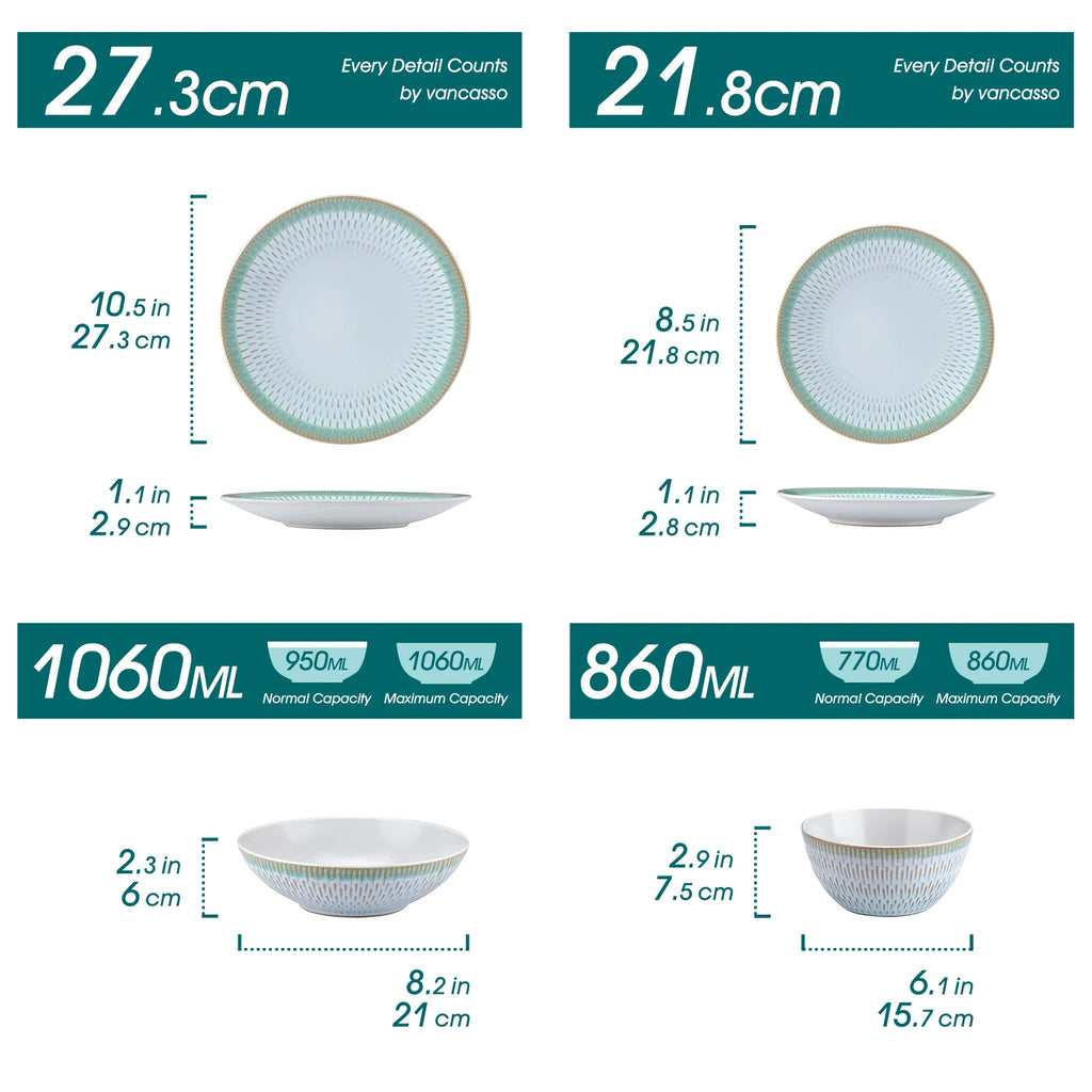 Juego de vajilla de cerámica verde repujada MALACASA de 16 piezas, que incluye platos llanos, platos de postre, cuencos para sopa y tazas, para 4 personas.