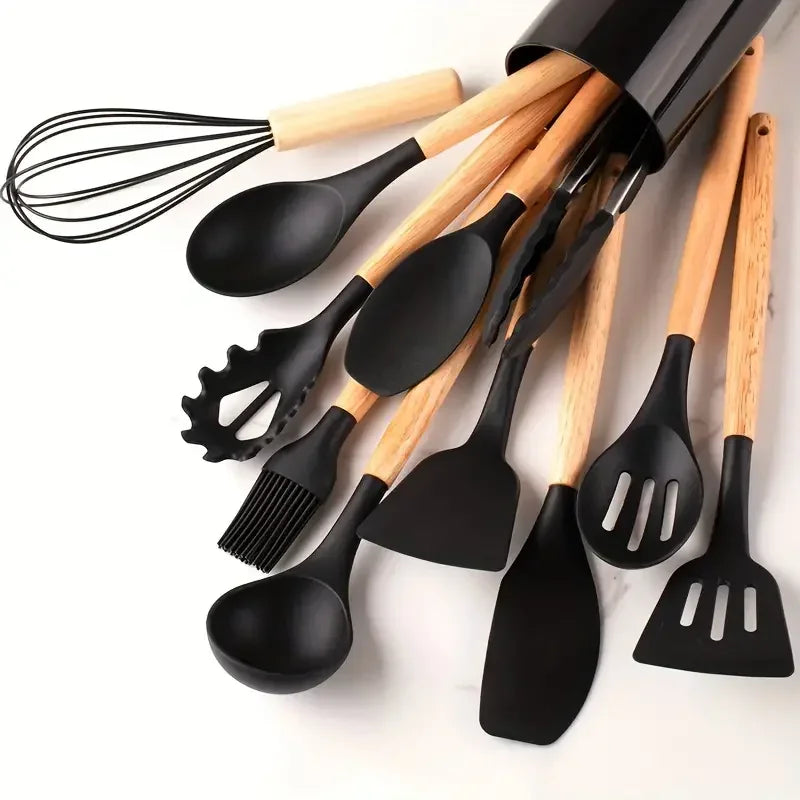 Juego de 12 piezas de utensilios de cocina de silicona multicolor con mango de madera, antiadherentes, espátula y cuchara, resistentes al calor.