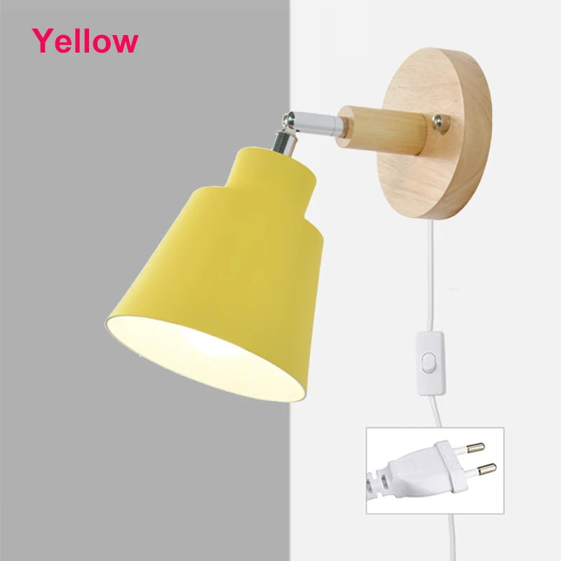 Aplique de pared nórdico para interiores, bricolaje, E27, madera, 6 colores, enchufe EU/UL, 350°, lámparas de pared para sala de estar, dormitorio, pasillo, apliques.