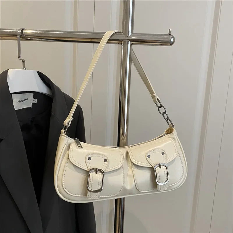 Bolso baguette de piel sintética: bolso de mano con dos bolsillos y bandolera para mujer | Colección otoño/invierno 2025, color liso, estilo vintage Y2K