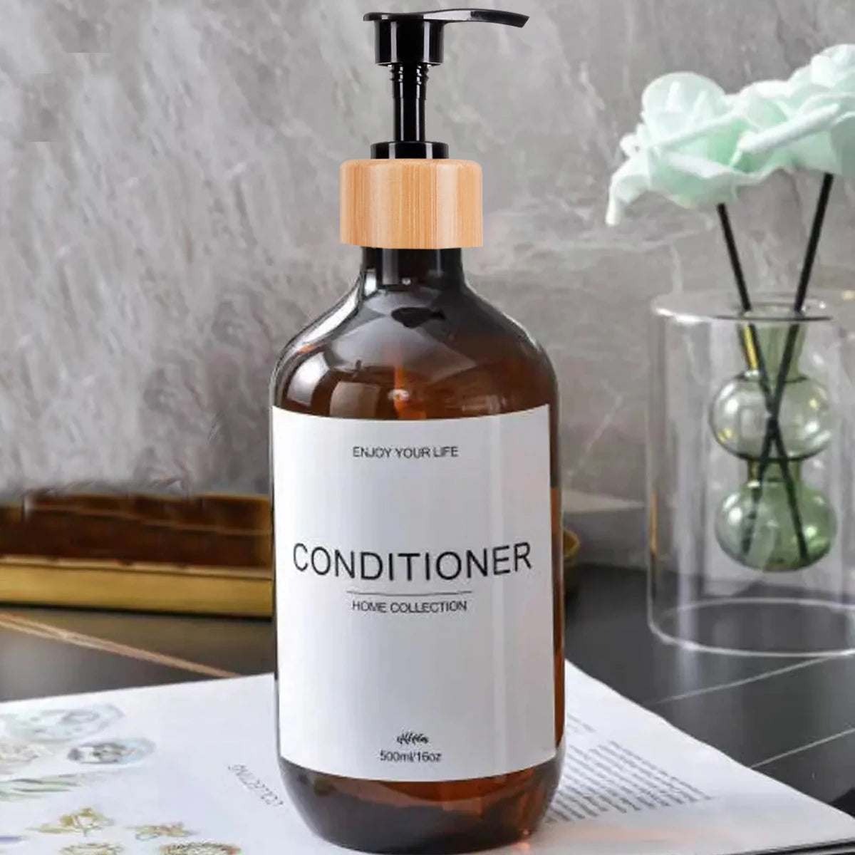 Juego de dispensadores de champú para baño de 500 ml, botellas de acondicionador y gel de ducha recargables, dispensador con decoración rústica, botellas de almacenamiento.