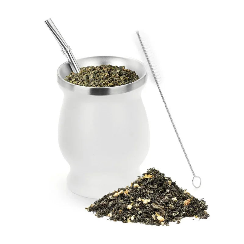 Juego de taza de yerba mate de 230 ml de acero inoxidable. Incluye cepillo de limpieza doble, pajita, taza aislante anti-quemaduras. Utensilios de té para el hogar.