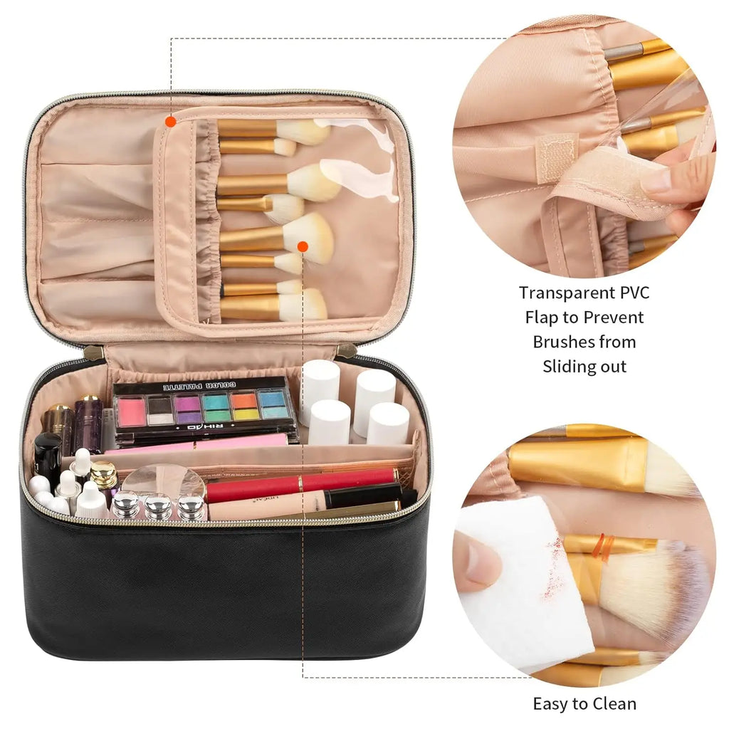Neceser portátil de gran capacidad para maquillaje de viaje, organizador de maquillaje negro para mujeres, neceser para niñas que viajan.
