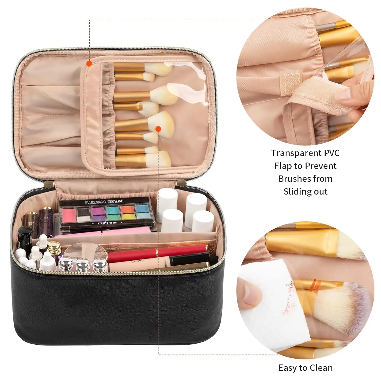 Neceser portátil de gran capacidad para maquillaje de viaje, organizador de maquillaje negro para mujeres, neceser para niñas que viajan.