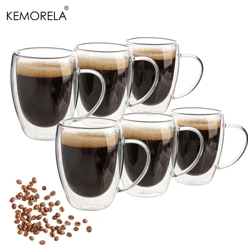2/4/6 unidades Taza de café de vidrio de doble pared de 350 ml con asa Taza de capuchino de vidrio transparente Taza de café, té con leche, jugo y té