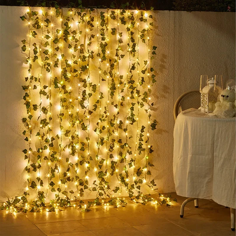 Guirnalda de luces de flores y hojas verdes, luces artificiales de hadas con forma de enredadera, luces de Navidad a pilas para decoración del hogar y bodas.