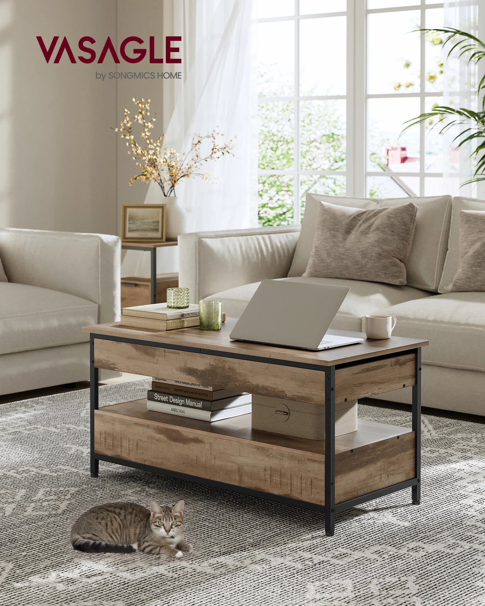 VASAGLE coffee table, height adjustable living room table, coffee table, with drawers, open compartment, 50x100 x (48-63)cm