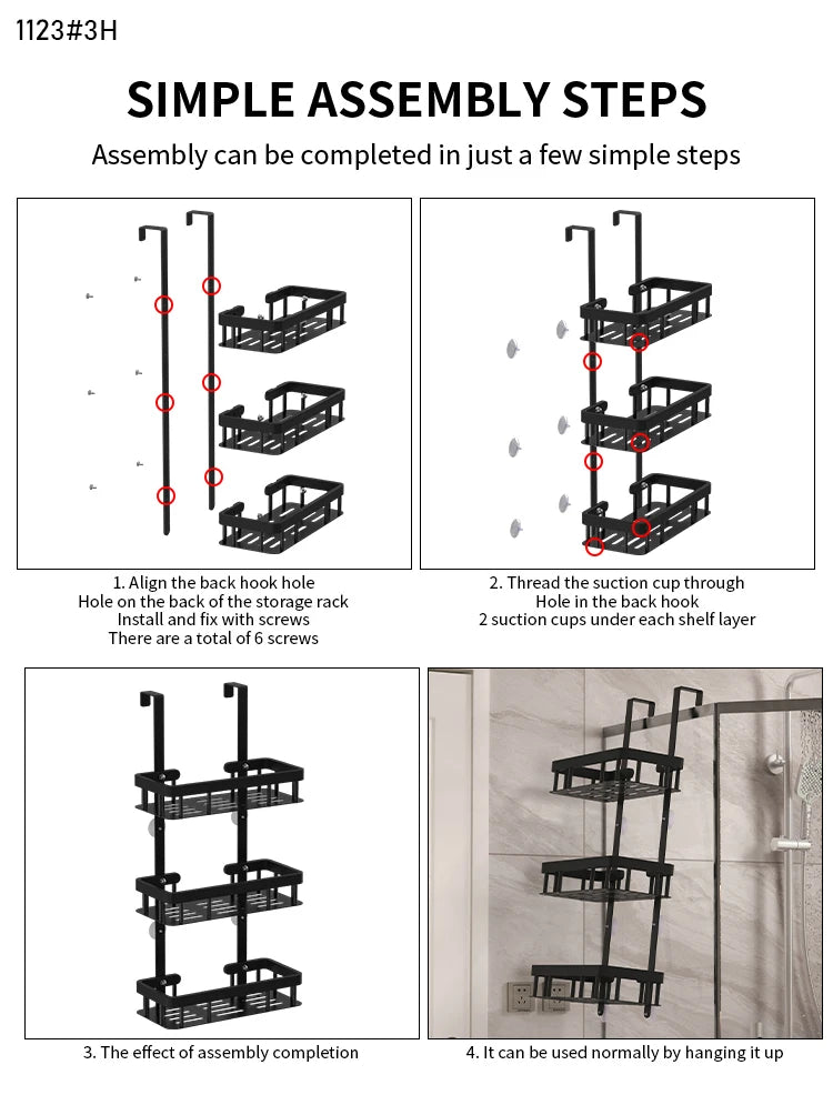 Estante de almacenamiento de tres niveles para pared de baño, estante para puerta, estante para gel de ducha, estante de almacenamiento para artículos de baño